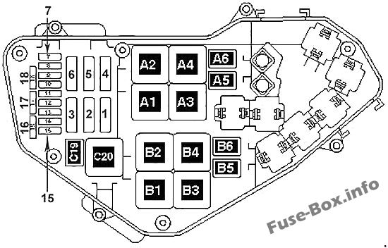 Diagramm des Sicherungskastens unter der Motorhaube: Volkswagen Touareg (2011-2018)