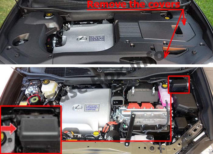 Die Position der Sicherungen im Motorraum: Lexus RX 450h (2010-2015)