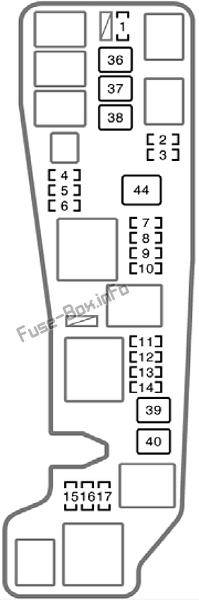 Diagramm des Sicherungskastens unter der Motorhaube: Toyota Corolla (2003, 2004, 2005, 2006, 2007, 2008)