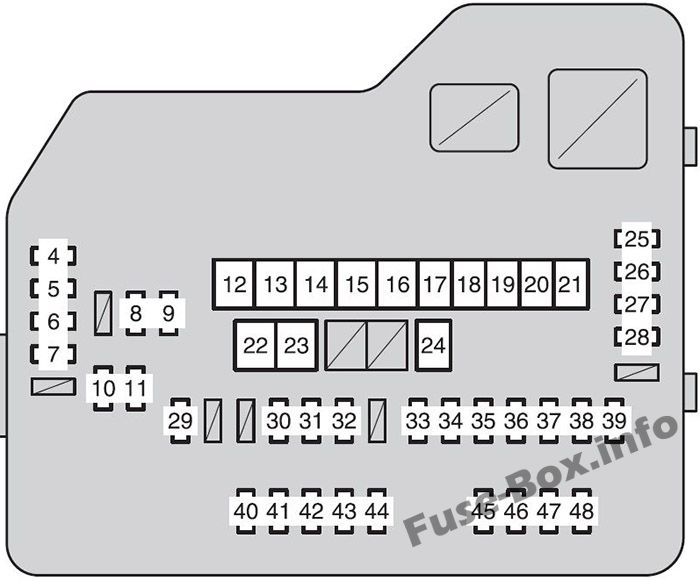 Diagramm des Sicherungskastens unter der Motorhaube: Toyota Highlander (2011, 2012, 2013)