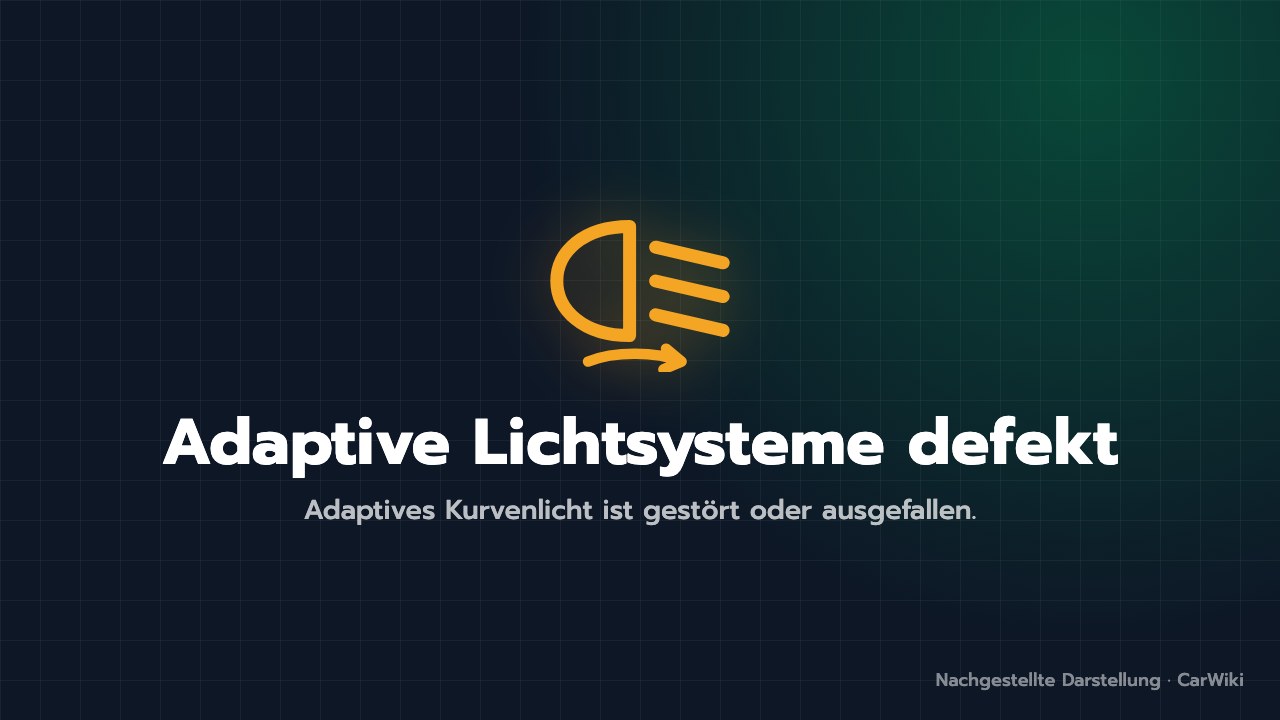 Nachgestellte Warnmeldung: gelbes Scheinwerfersymbol mit Pfeil und der Text „Adaptive Lichtsysteme defekt“