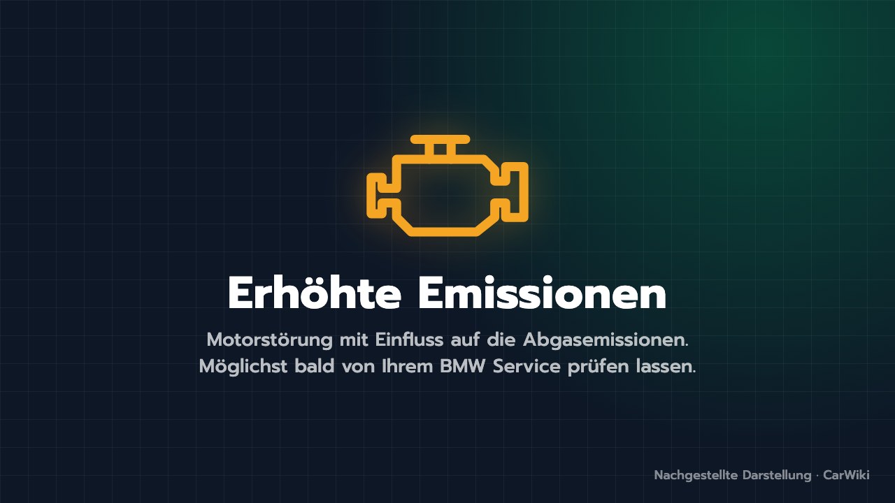 Nachgestellte Warnmeldung: gelbes Motorsymbol, „Erhöhte Emissionen“ und der Satz „Motorstörung mit Einfluss auf die Abgasemissionen. Möglichst bald von Ihrem BMW Service prüfen lassen.“
